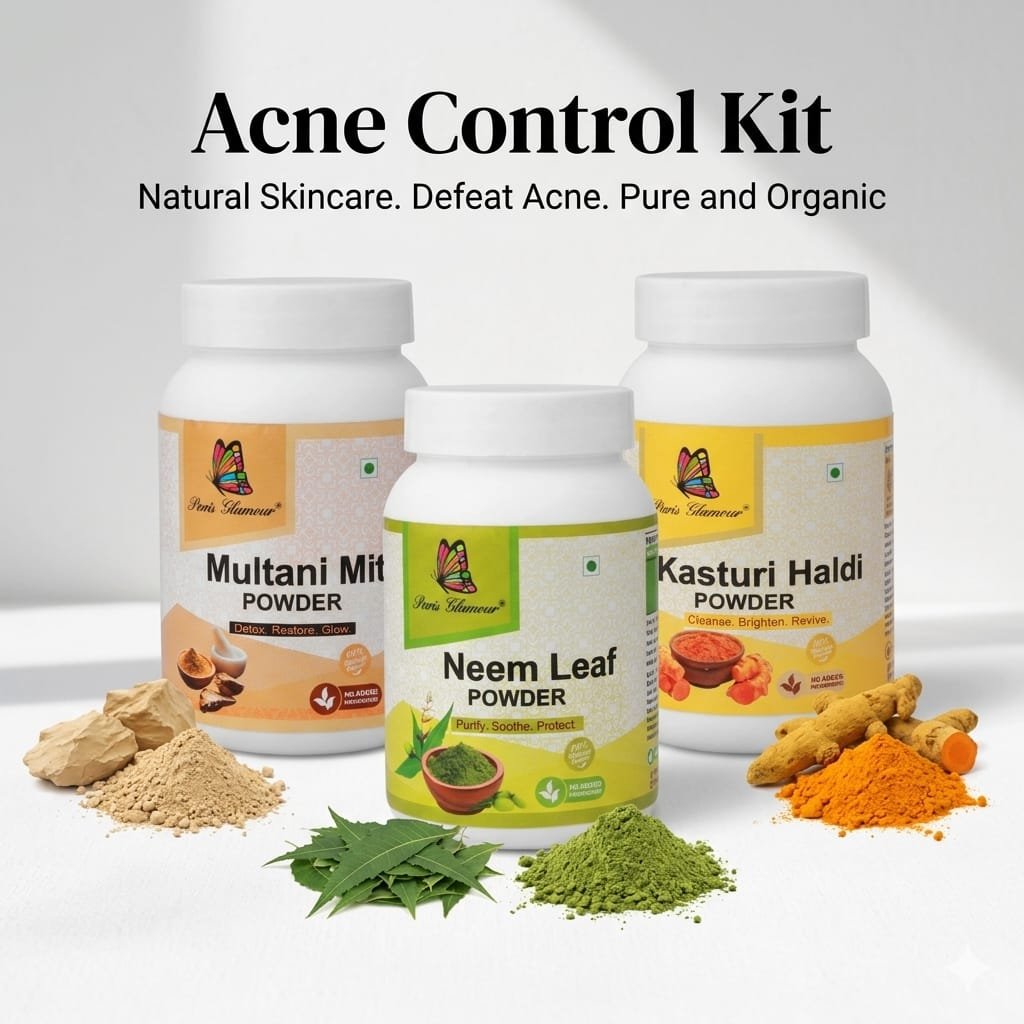Paris Glamour Acne Control Kit – Multani Mitti + Neem Leaf + Kasturi Haldi | 100% Natural & Organic